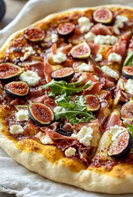 Delicious fast fig pizza with goat cheese and prosciutto on a wooden board