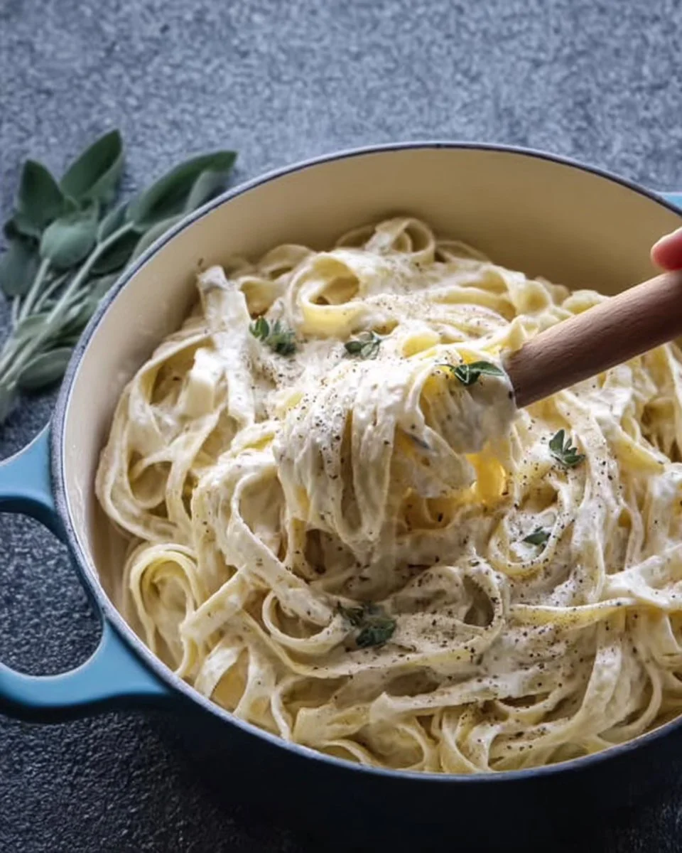 Delicious plate of Fettuccine Alfredo topped with parsley and grated cheese
