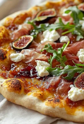 Fig jam pizza with goat cheese and prosciutto on a wooden serving board