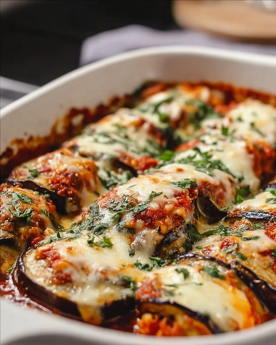 Fluffy Eggplant Rollatini Bake with layers of cheese and marinara sauce