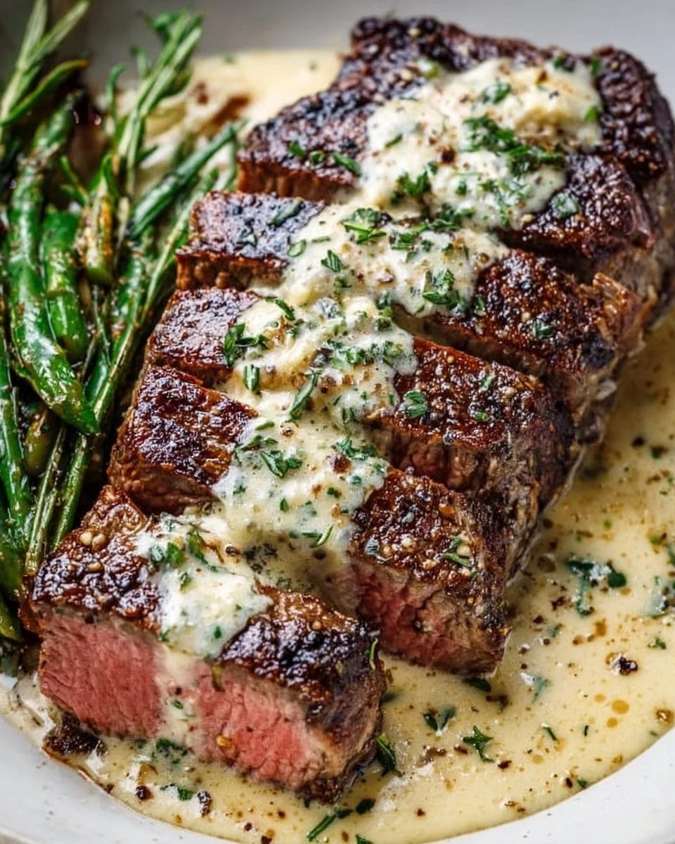 Juicy Garlic Butter Steak with creamy Parmesan sauce on a plate.
