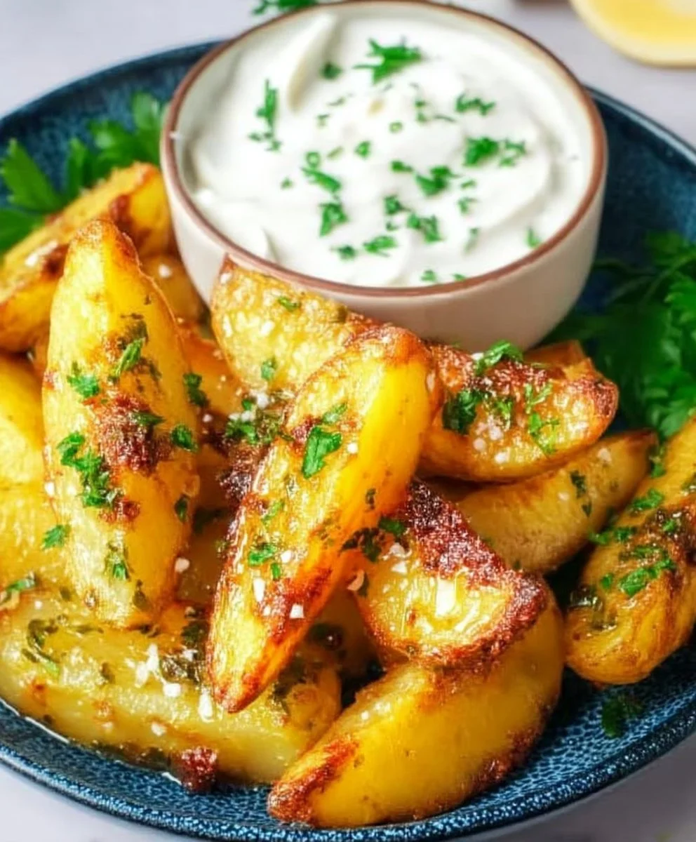 Delicious Greek Lemon Potatoes garnished with herbs and lemon slices