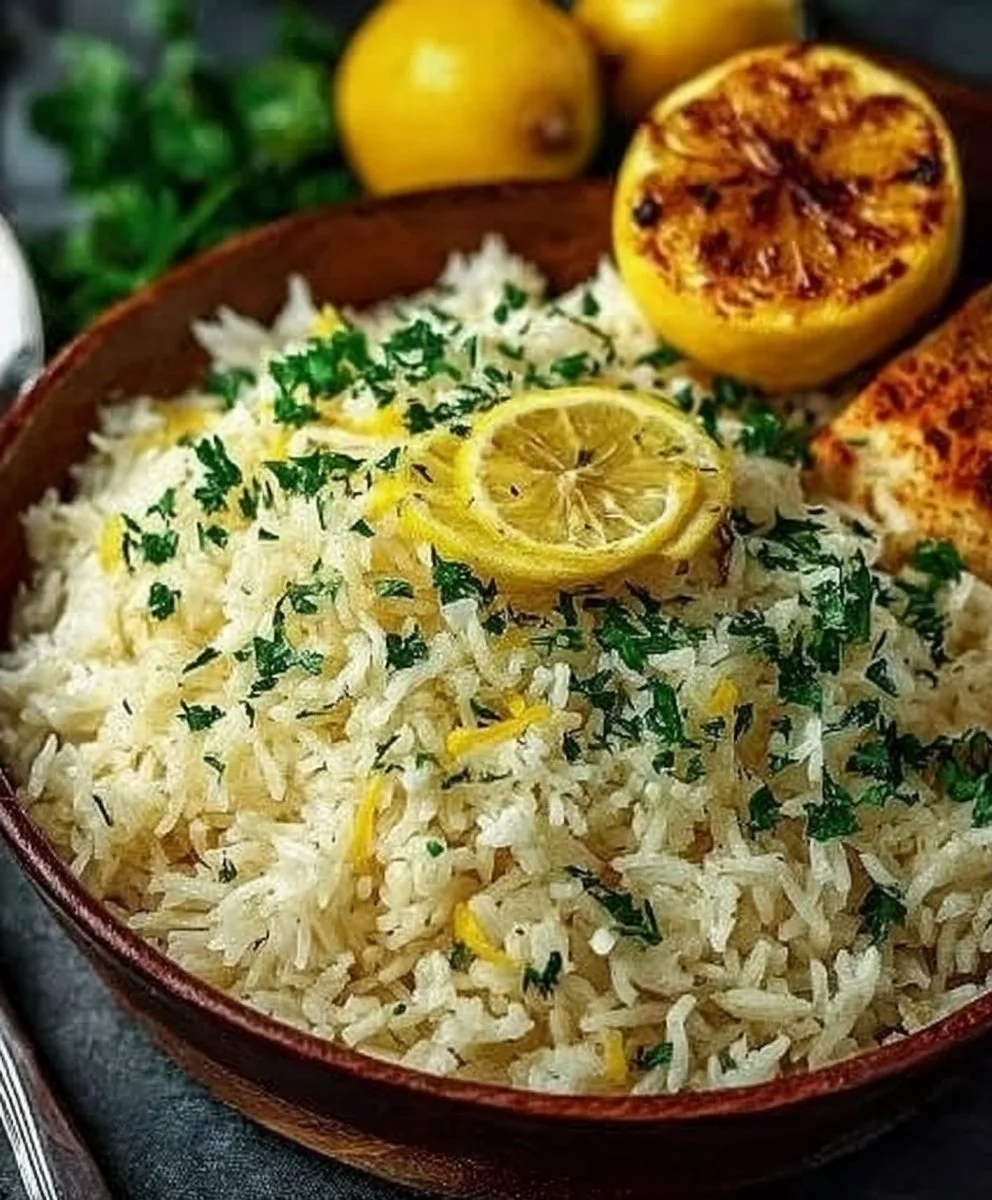 Bowl of Greek Lemon Rice garnished with herbs, showcasing Mediterranean flavors.