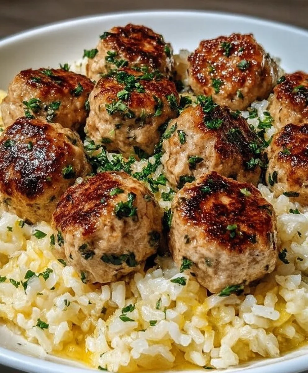 Plate of Greek Turkey Meatballs with Lemon Herb Rice garnished with fresh herbs