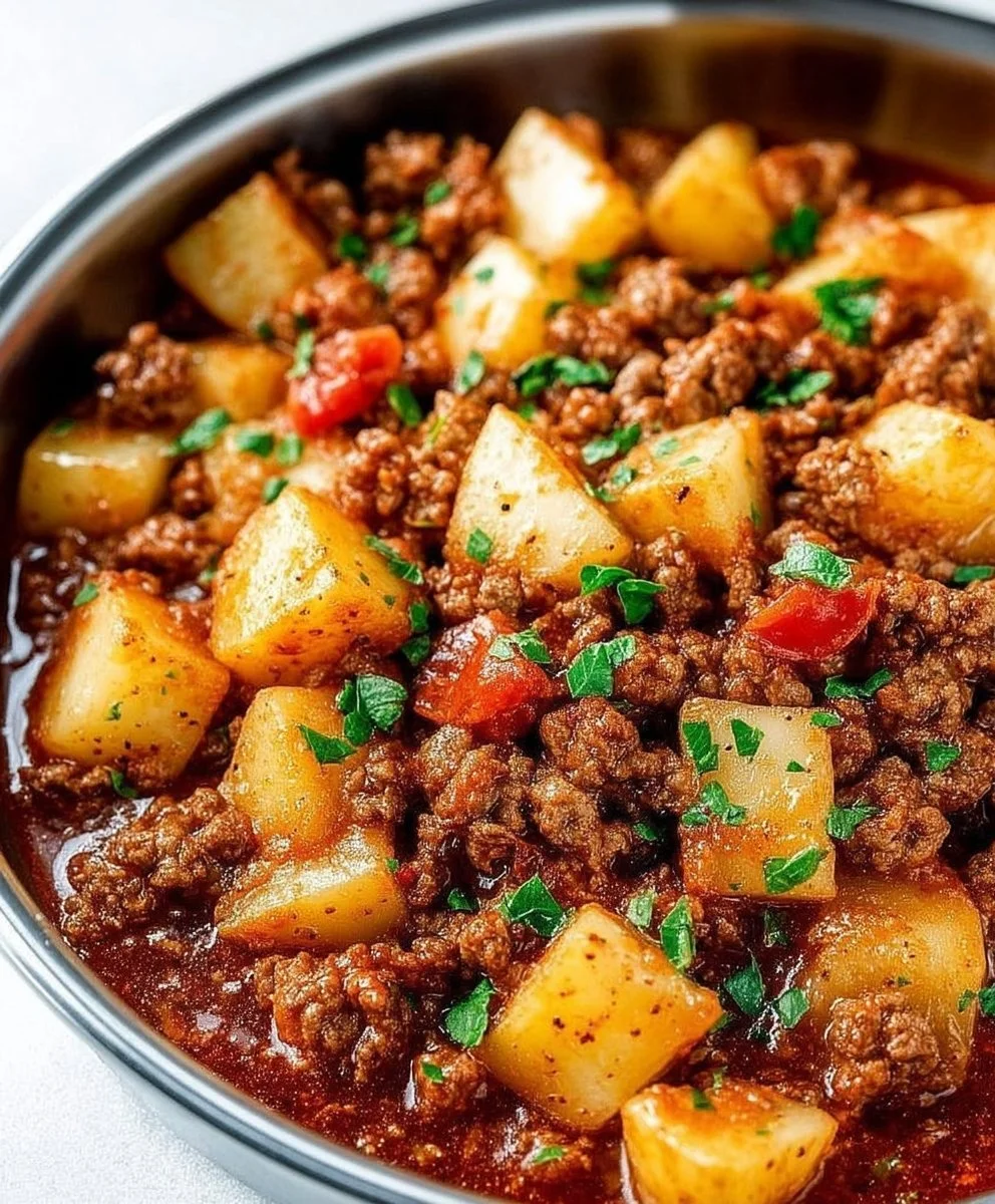 Delicious ground turkey dish with roasted potatoes on a plate