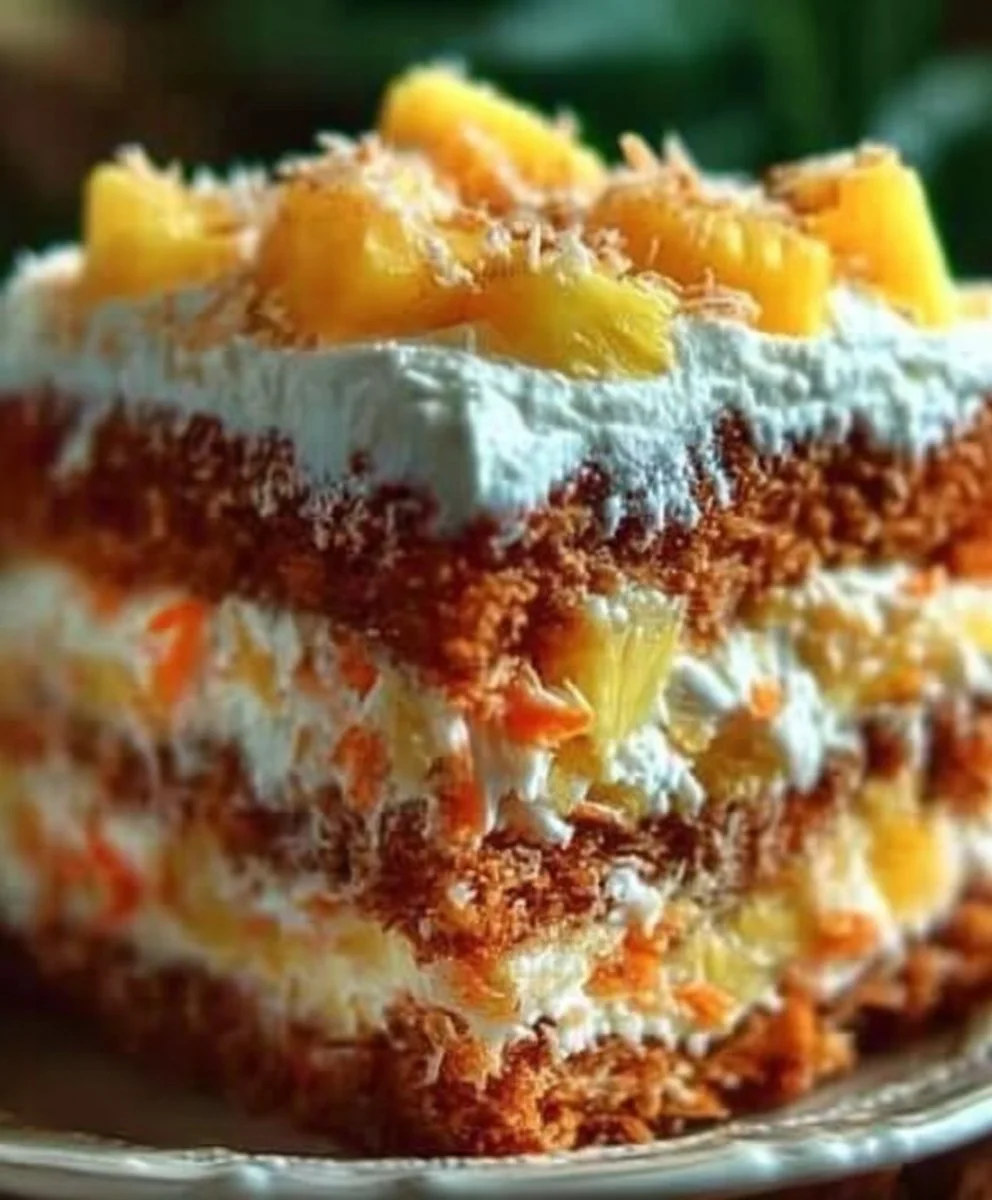 Hawaiian Carrot Pineapple Cake topped with cream cheese frosting and pineapple chunks