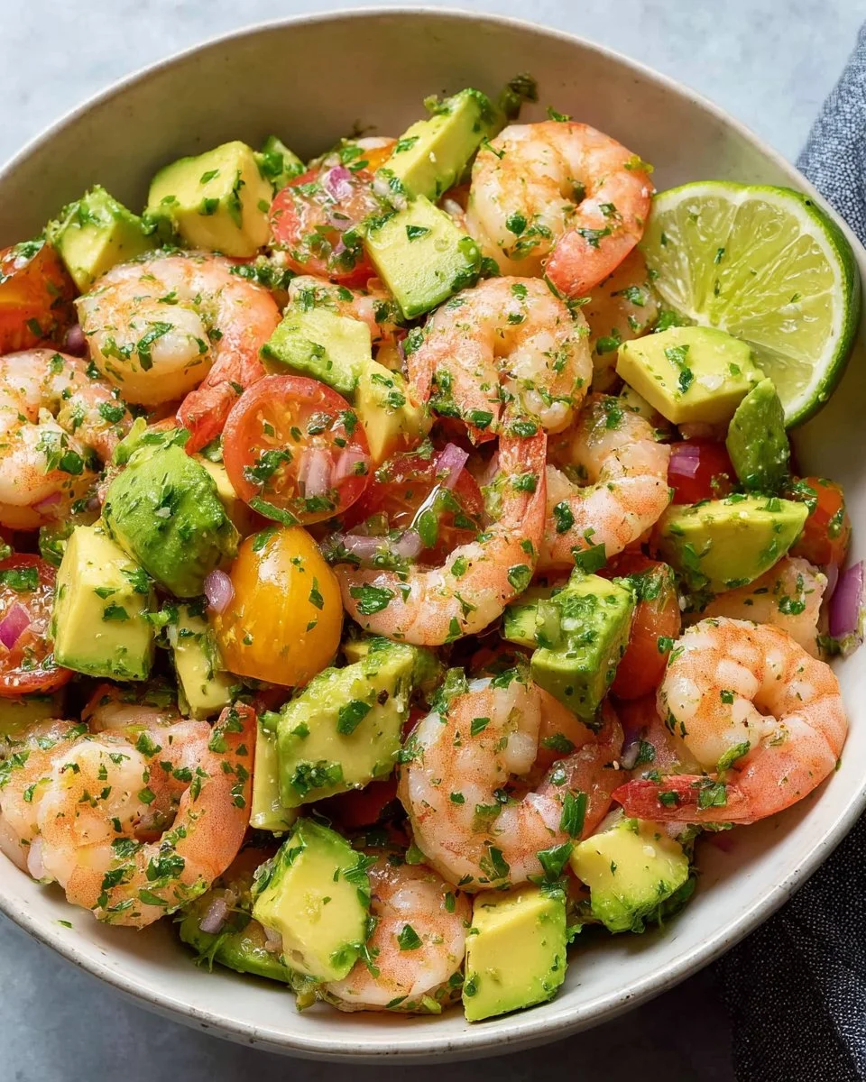 Colorful healthy shrimp avocado salad with fresh ingredients and dressing.