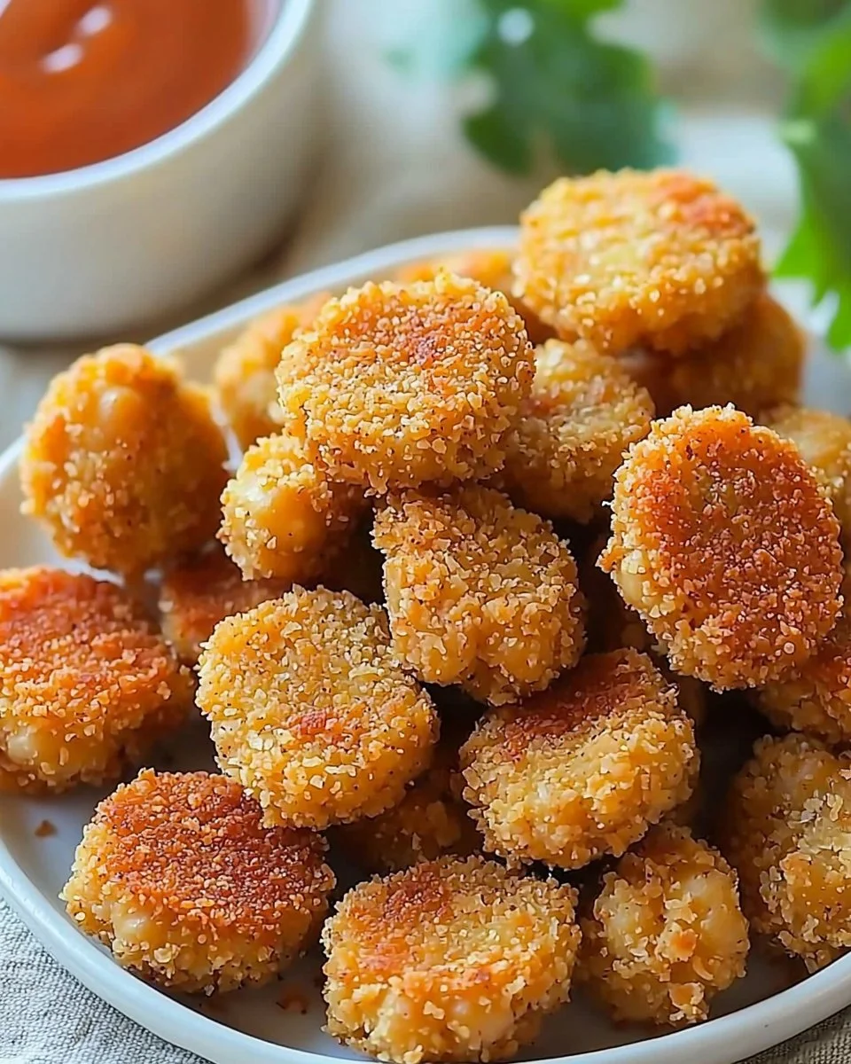 Plate of healthy vegan chickpea nuggets with dipping sauce