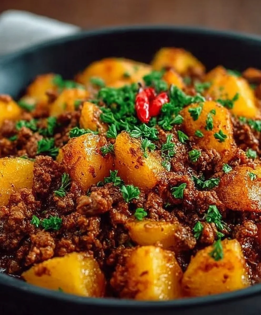 Delicious Hearty Ground Beef and Potatoes dish served on a plate.