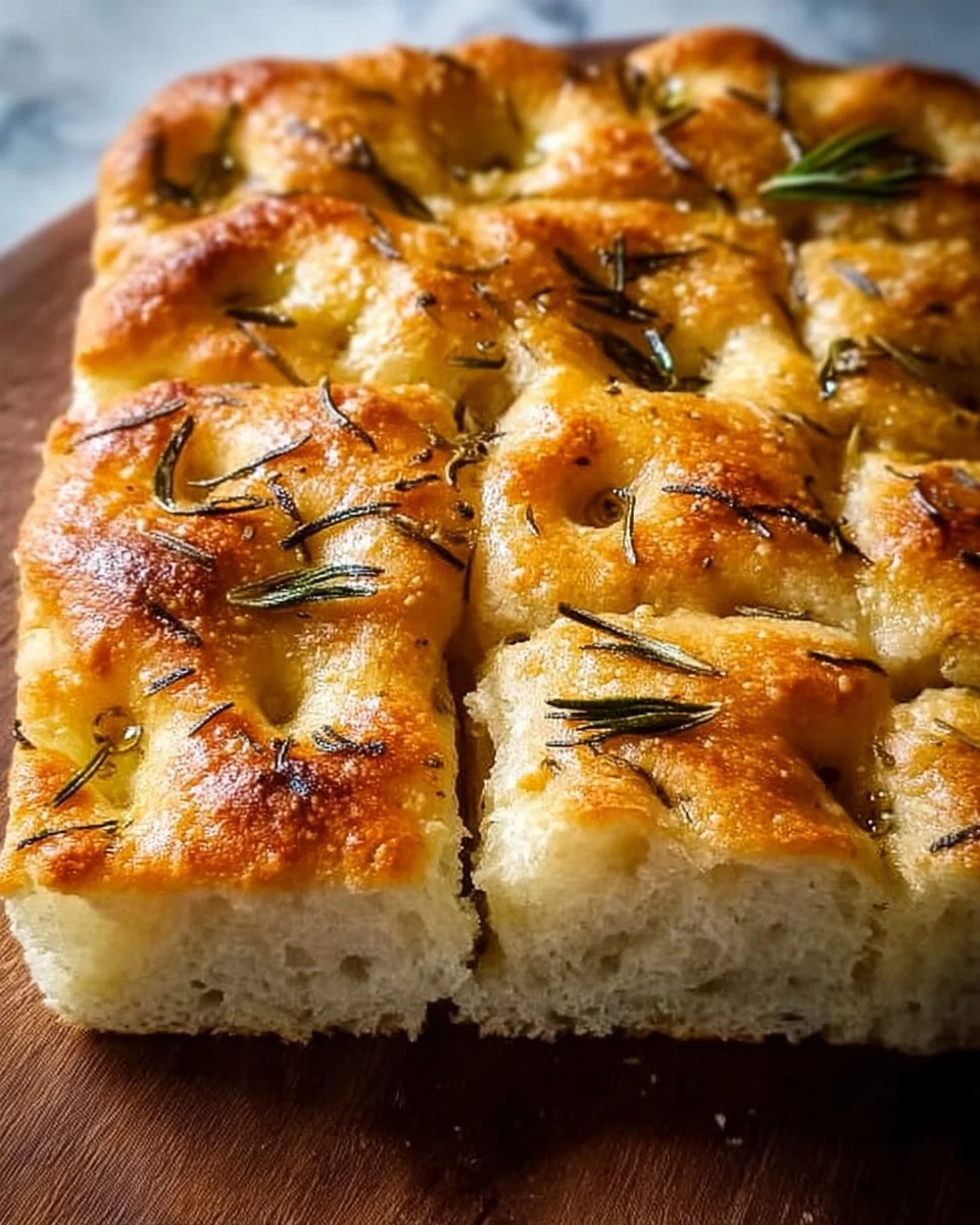 Freshly baked homemade focaccia bread with herbs and olive oil