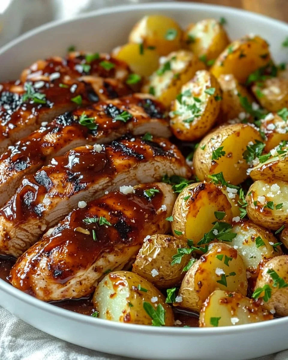 Honey BBQ Chicken served with Garlic Parmesan Potatoes on a dinner plate
