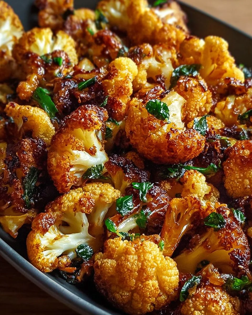 Bowl of honey curry roasted cauliflower garnished with herbs