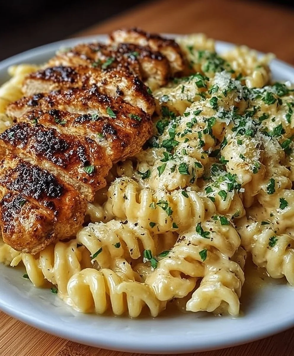 Honey Garlic Chicken Pasta topped with herbs and garlic cloves on a plate
