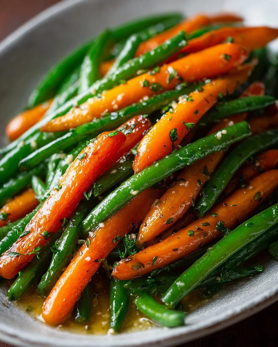 Honey glazed carrots served with green beans on a white plate