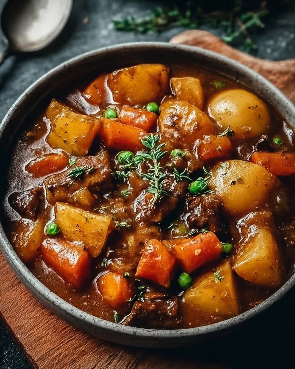 Delicious Irish vegetarian stew filled with vibrant vegetables and herbs in a bowl.