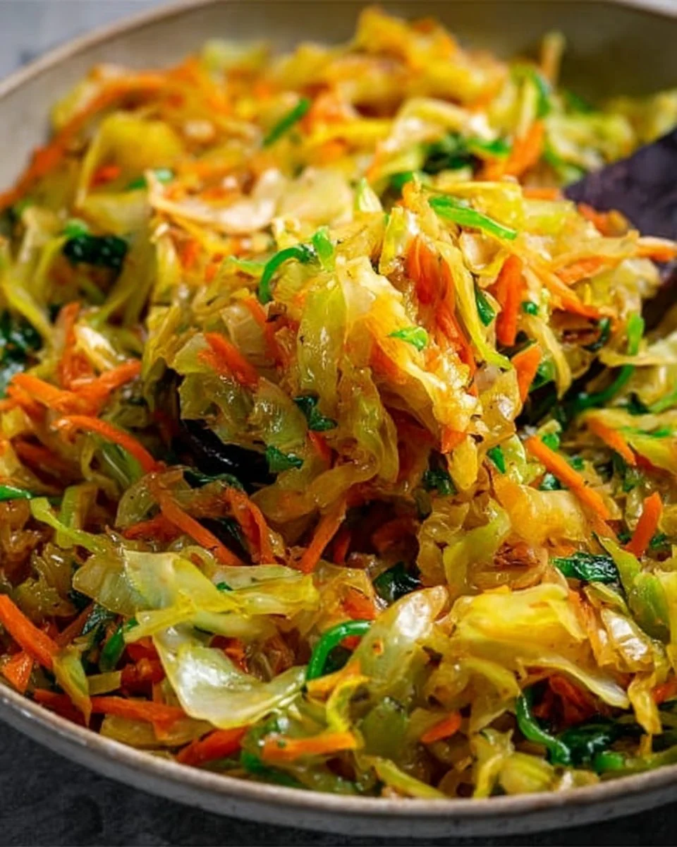 Plate of Jamaican cabbage garnished with spices and peppers.