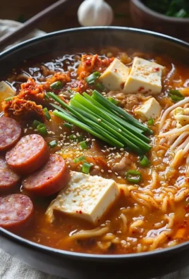 A bowl of Korean Army Stew filled with meat, vegetables, and spicy broth