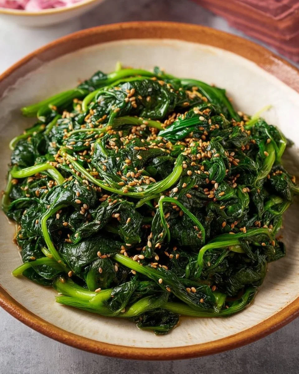 Korean spinach side dish Sigeumchi Namul served in a bowl
