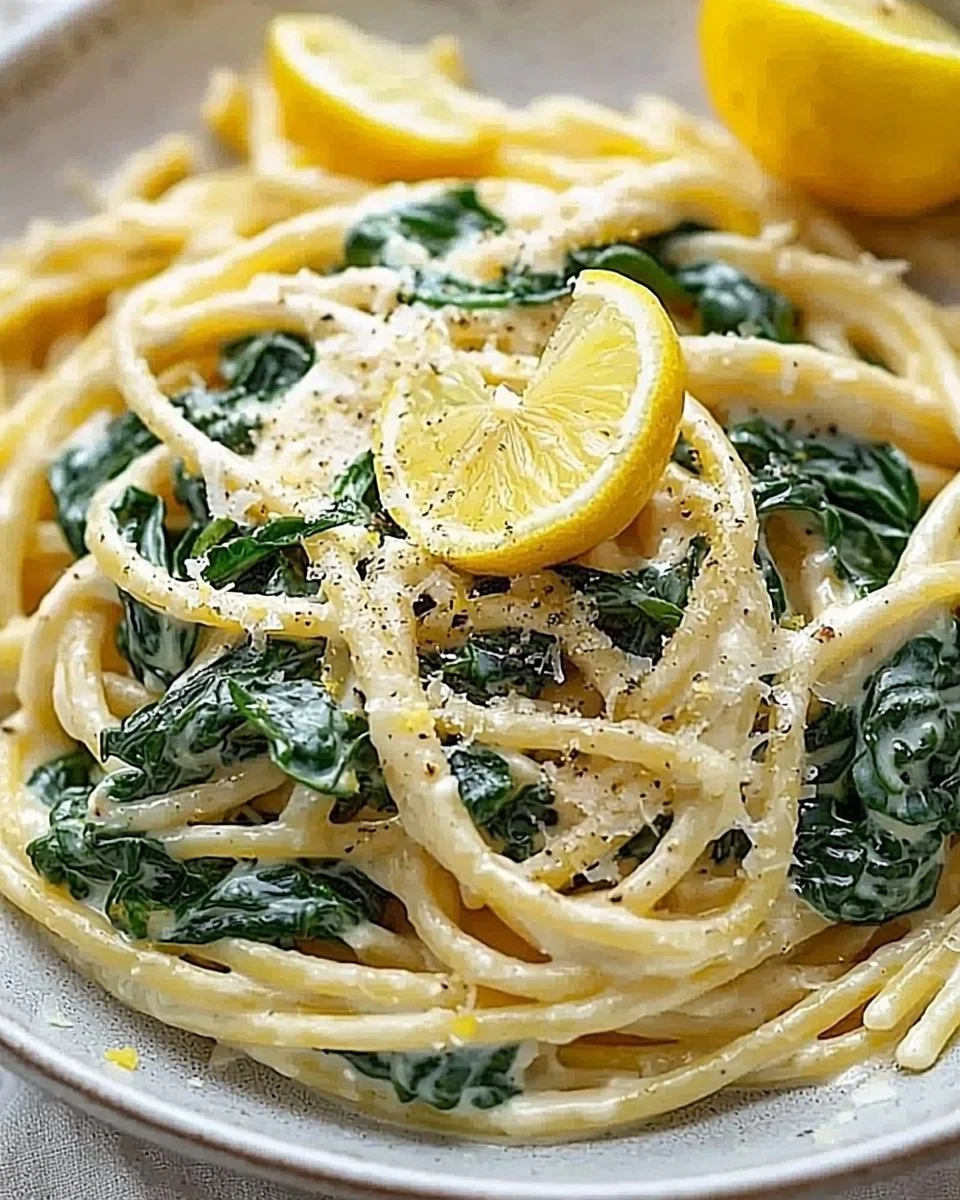 Plate of lemon ricotta pasta with spinach garnished with herbs