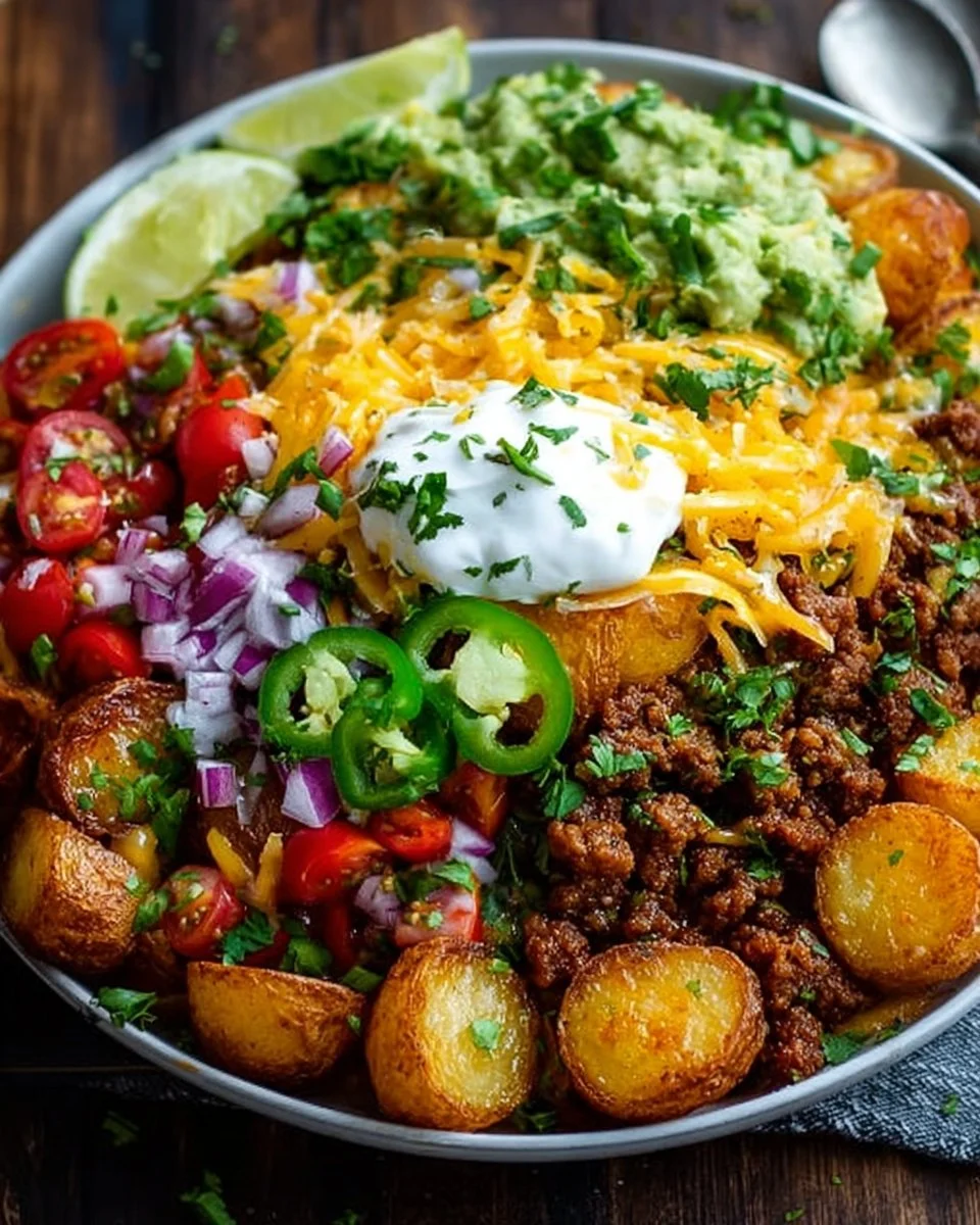 Loaded Potato Taco Bowl with toppings and ingredients served in a stylish bowl