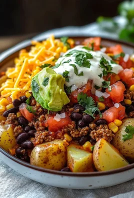 A delicious loaded potato taco bowl garnished with fresh toppings and ingredients