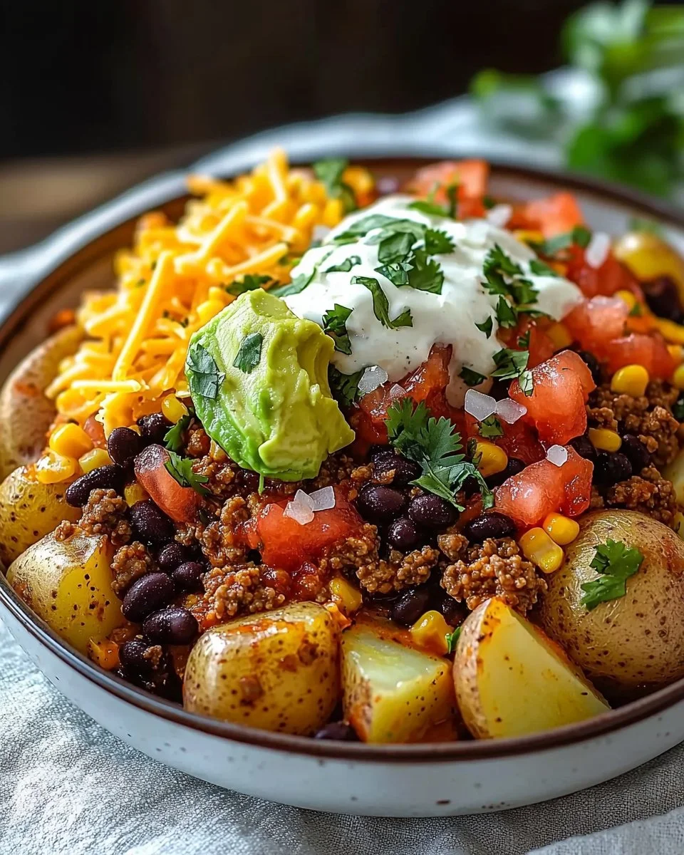 A delicious loaded potato taco bowl garnished with fresh toppings and ingredients