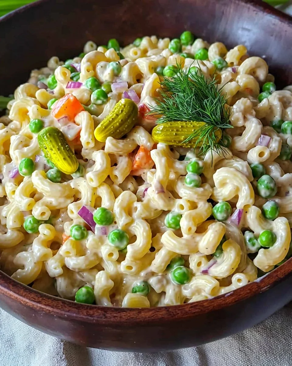 Delicious macaroni salad no mayo in a vibrant bowl, perfect for summer picnics.