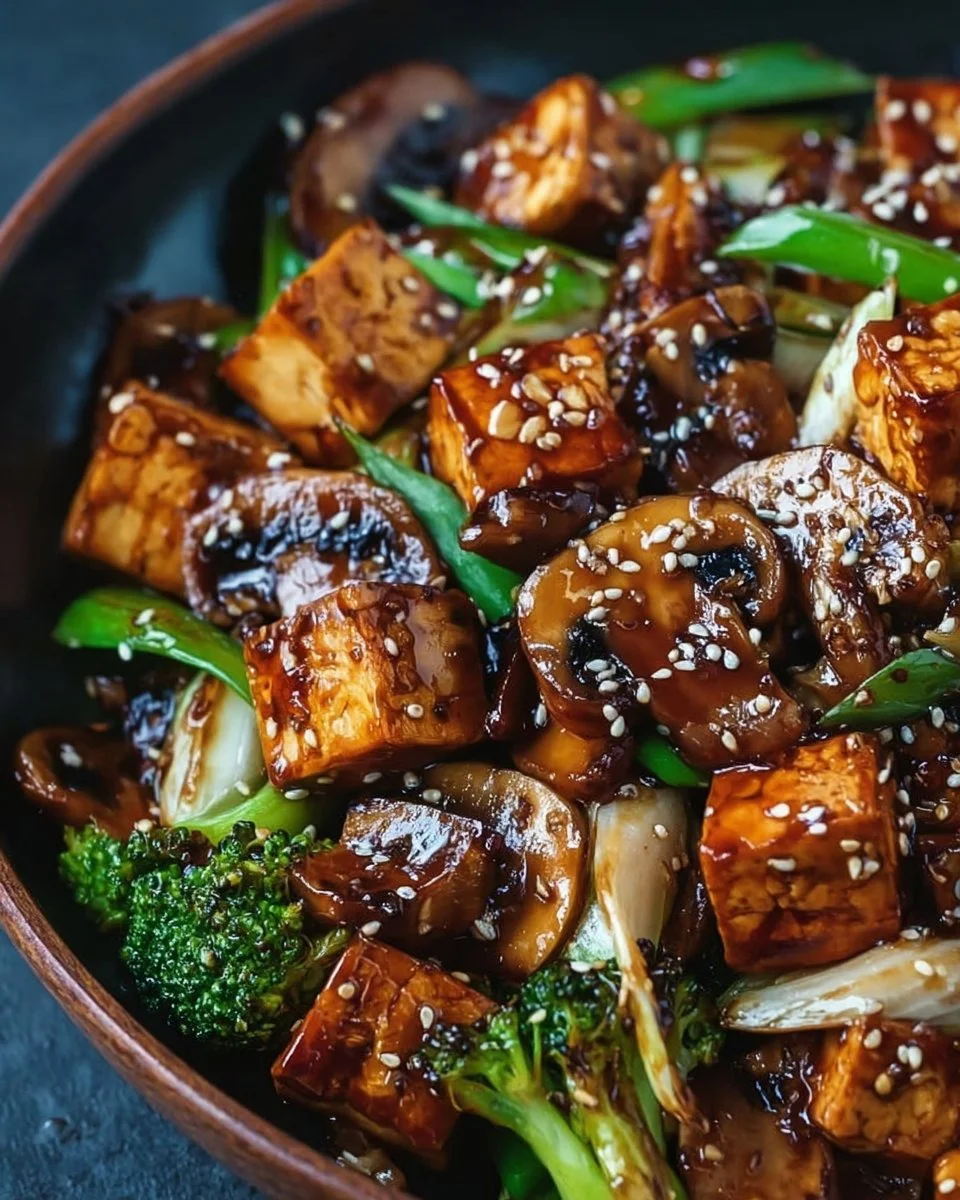 Mushroom Tofu Stir-Fry with fresh vegetables in a vibrant sauce