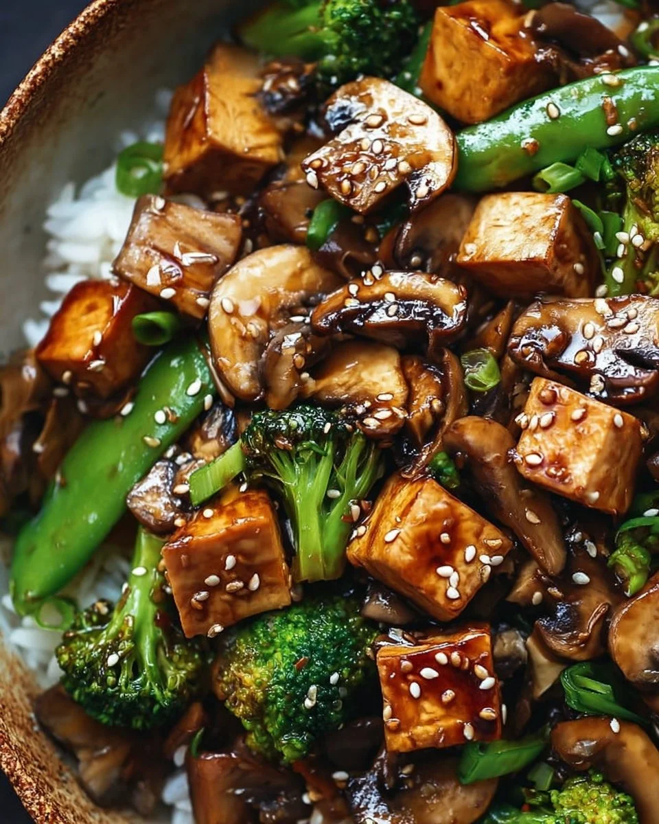 Delicious Mushroom Tofu Stir-Fry served in a bowl with vegetables