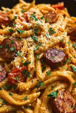 One-Pot Creamy Spicy Cajun Sausage Pasta dish garnished with herbs in a bowl
