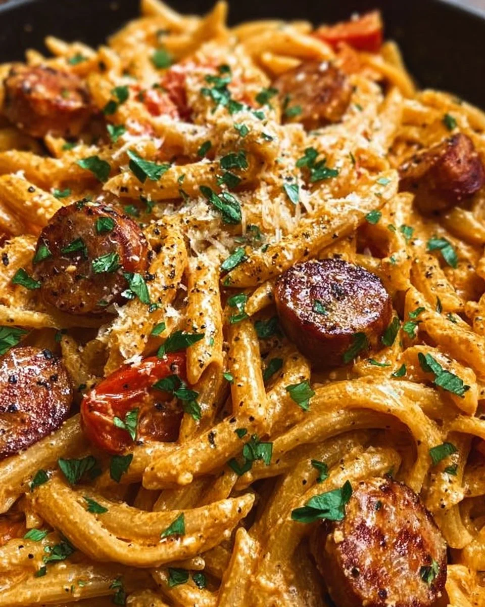 One-Pot Creamy Spicy Cajun Sausage Pasta dish garnished with herbs in a bowl