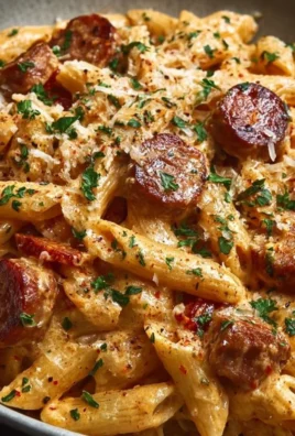Delicious One-Pot Creamy Spicy Cajun Sausage Pasta topped with herbs.