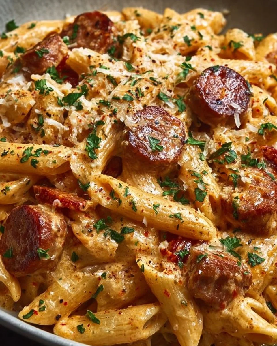 Delicious One-Pot Creamy Spicy Cajun Sausage Pasta topped with herbs.