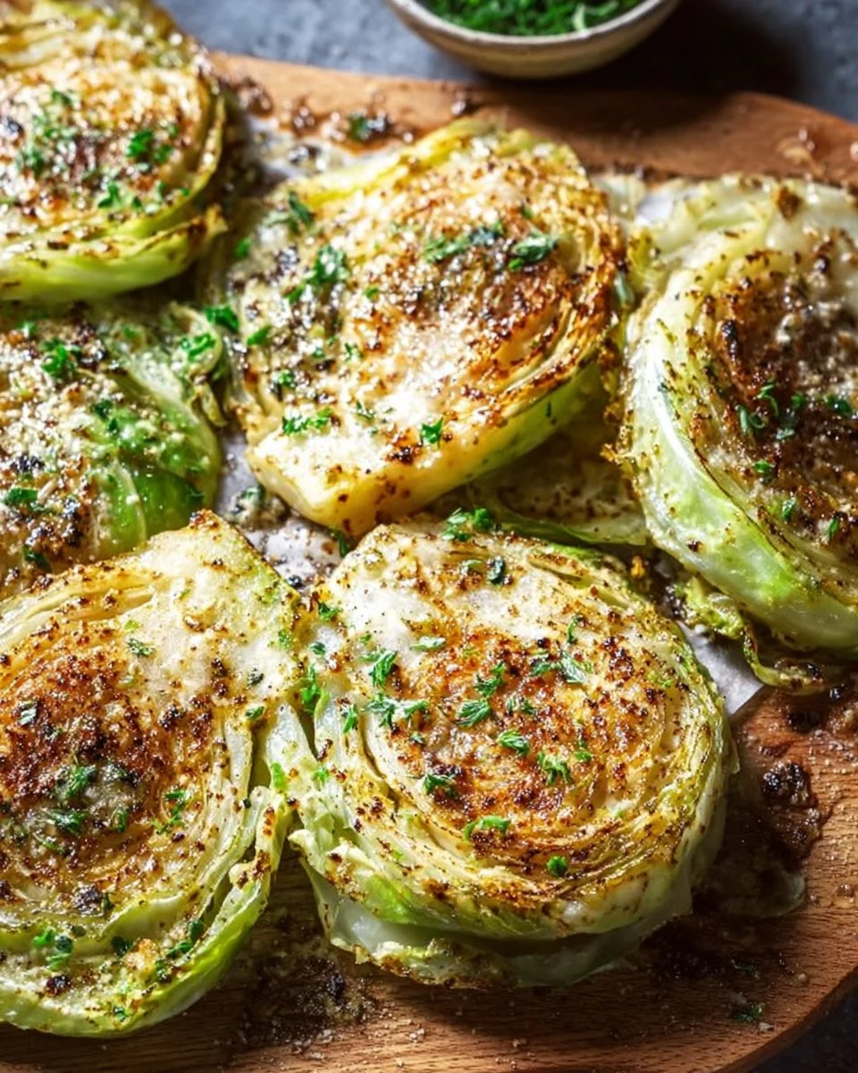Parmesan cabbage steaks served on a plate with fresh herbs