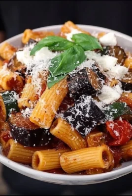 Plate of Pasta alla Norma with eggplant, tomatoes, and ricotta cheese