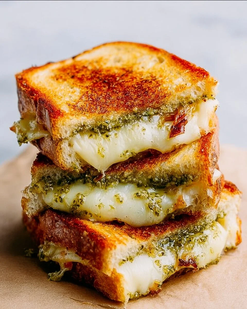 Mouthwatering Pesto Grilled Cheese sandwich with fresh basil and melted cheese.