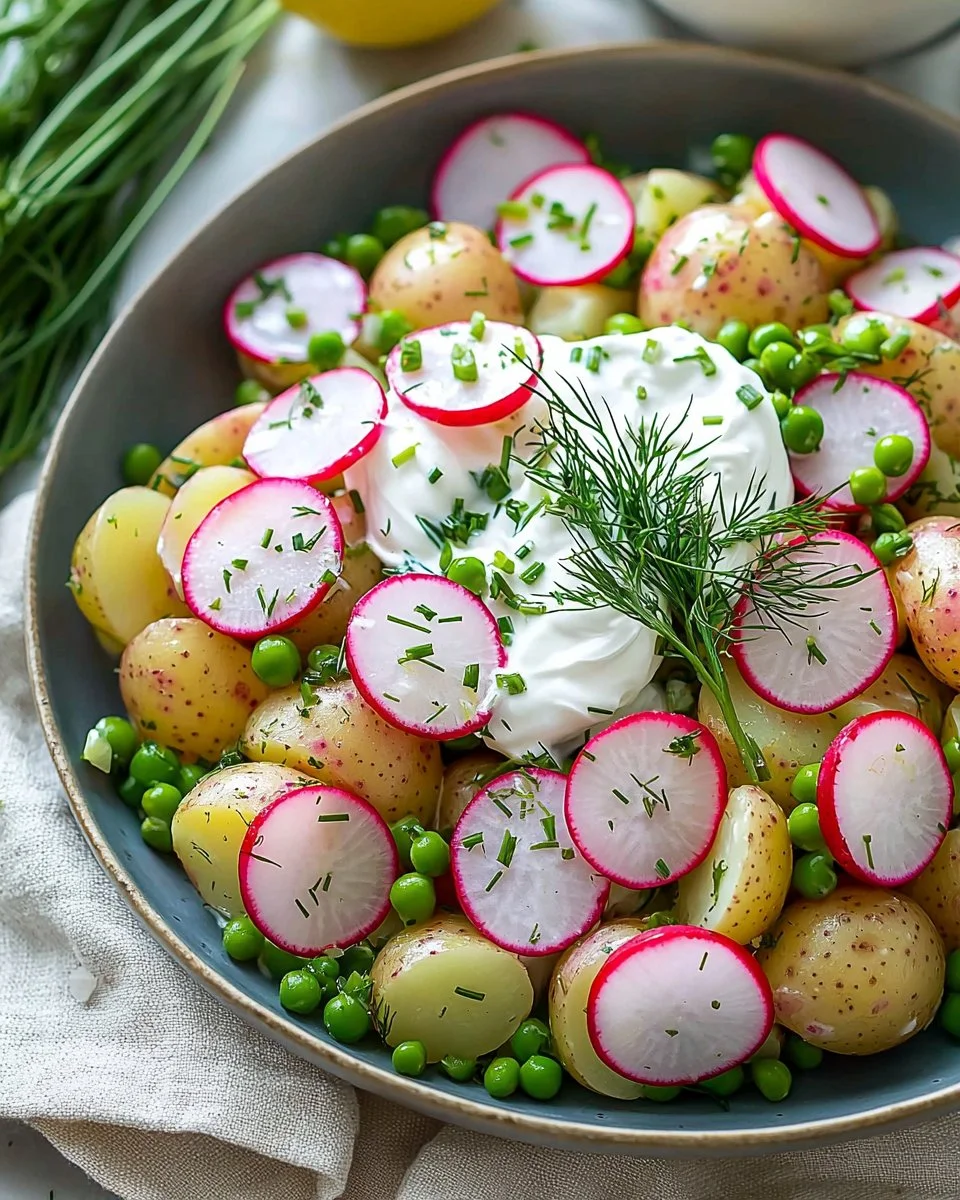 Delicious potato salad with radishes in a serving bowl