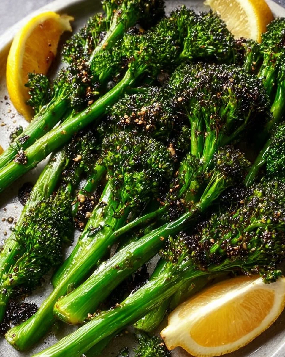 Fresh roasted broccolini served in a bowl with seasoning.