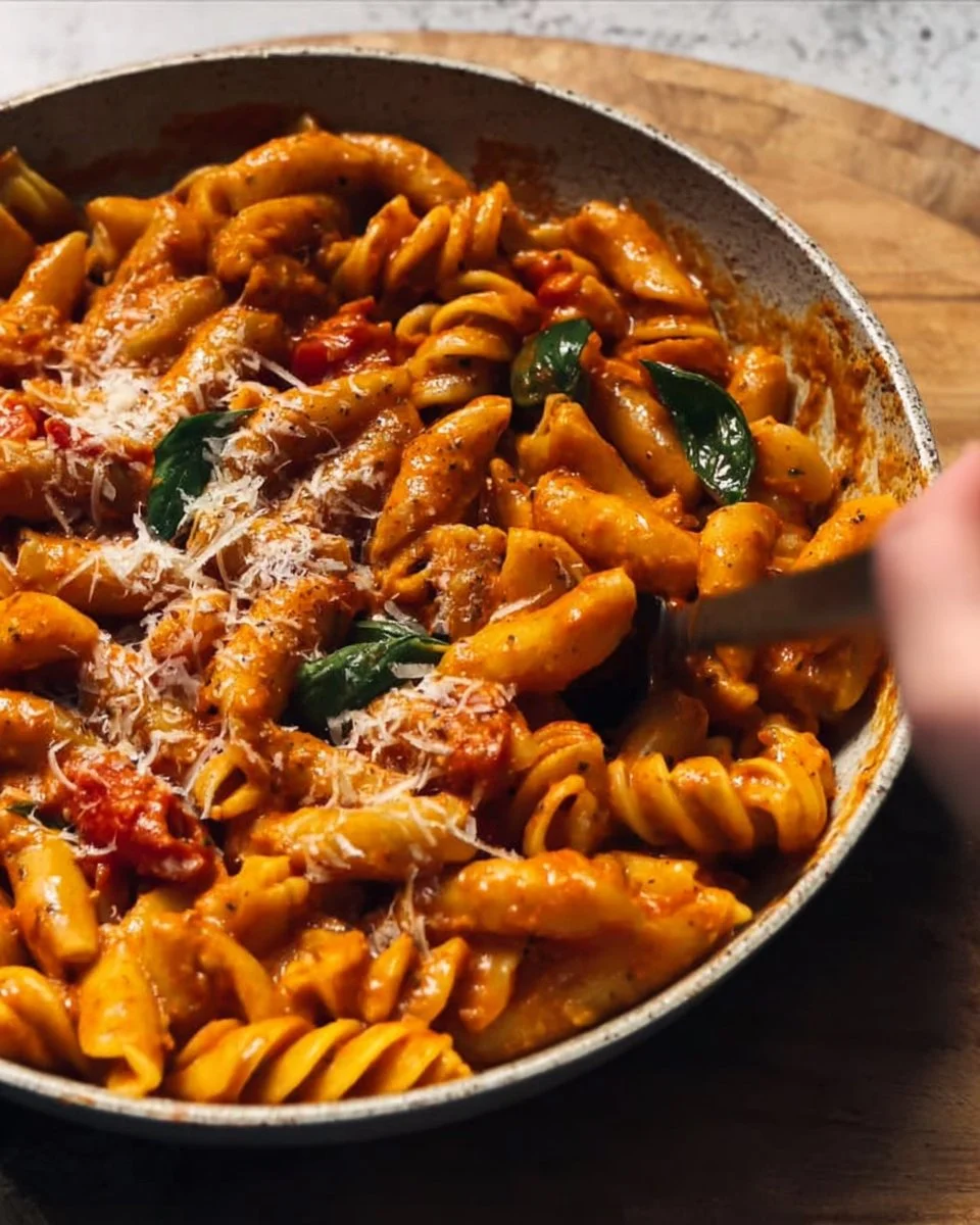 Delicious roasted red pepper pasta topped with herbs and cheese.