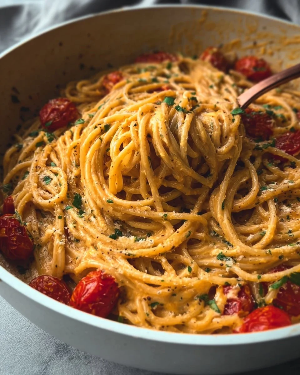 Delicious roasted tomato and garlic ricotta pasta dish garnished with fresh herbs.