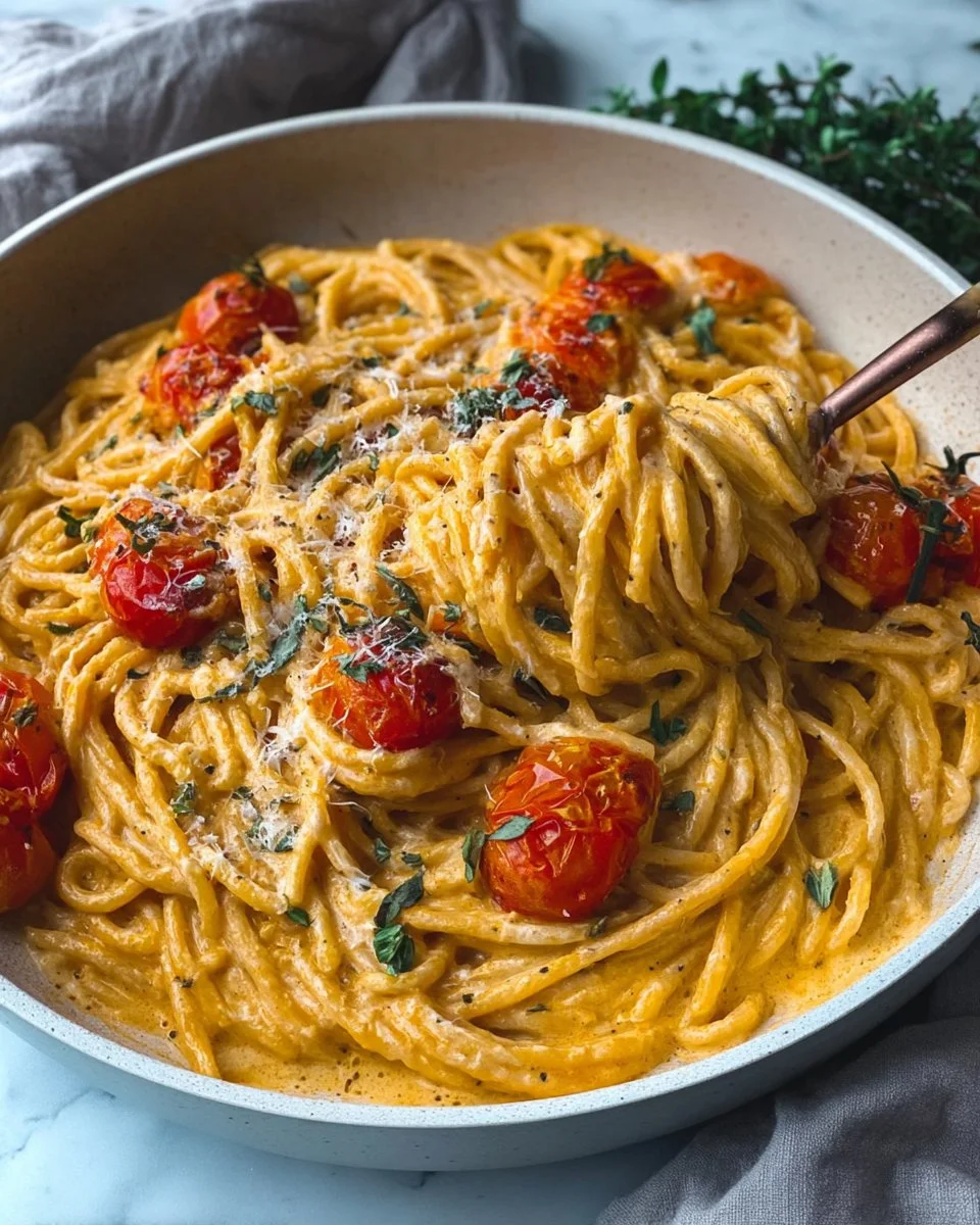 Delicious roasted tomato and garlic ricotta pasta dish served in a bowl