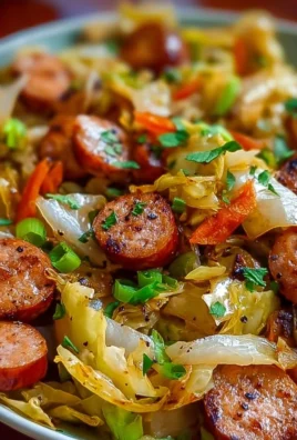 Delicious sausage and cabbage stir fry served in a vibrant dish