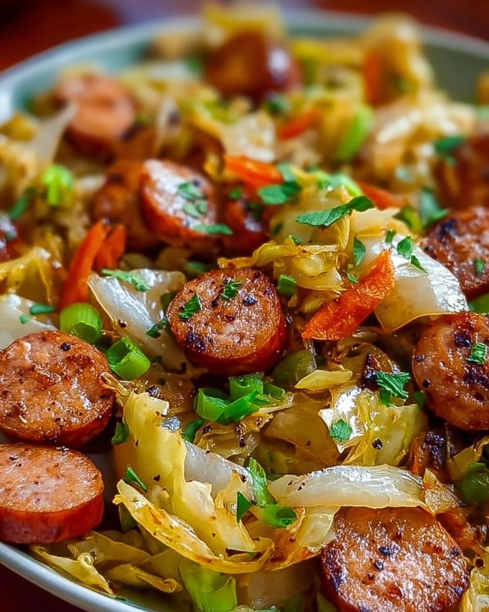 Delicious sausage and cabbage stir fry served in a vibrant dish