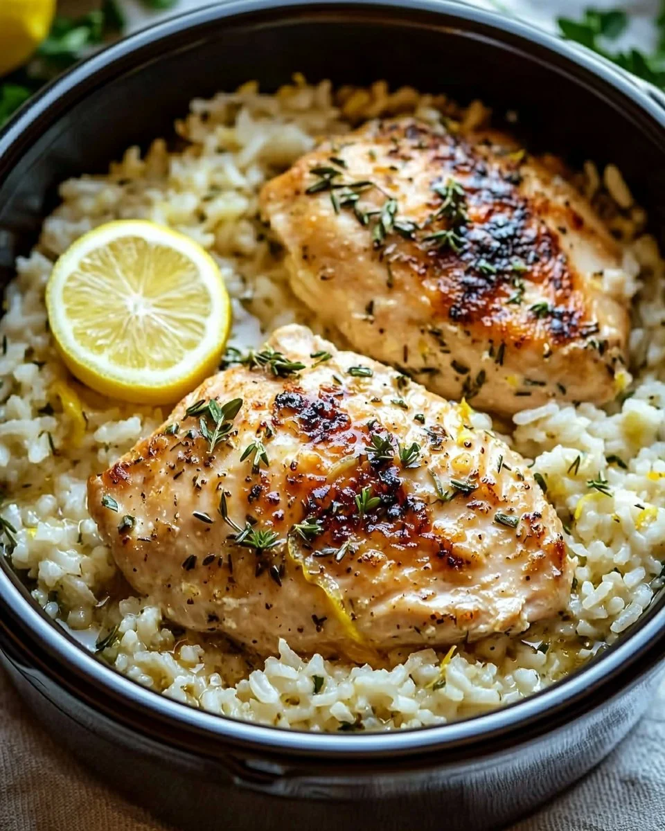 Slow cooker lemon herb chicken and rice with fresh herbs and lemon slice