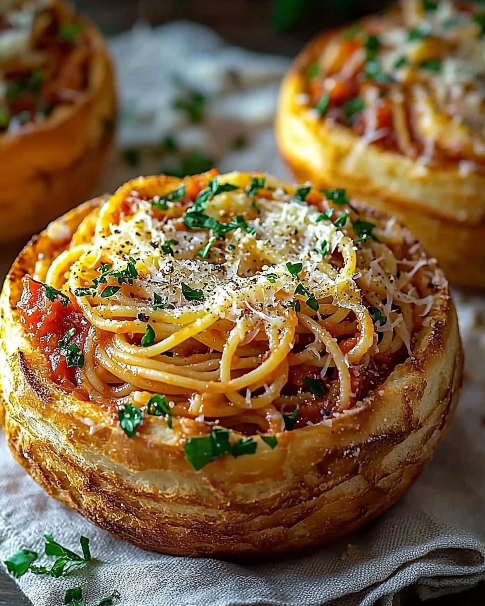 Delicious spaghetti garlic bread bowls filled with pasta and rich garlic flavor