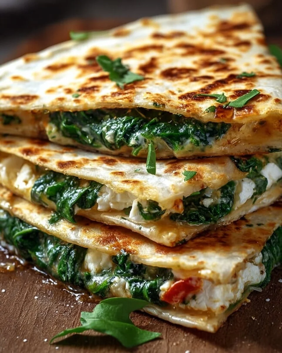 Golden brown spinach feta quesadillas sliced and served with salsa.