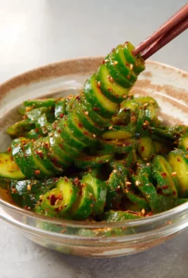 Spiral cucumber salad with Korean flavors garnished with sesame seeds and herbs