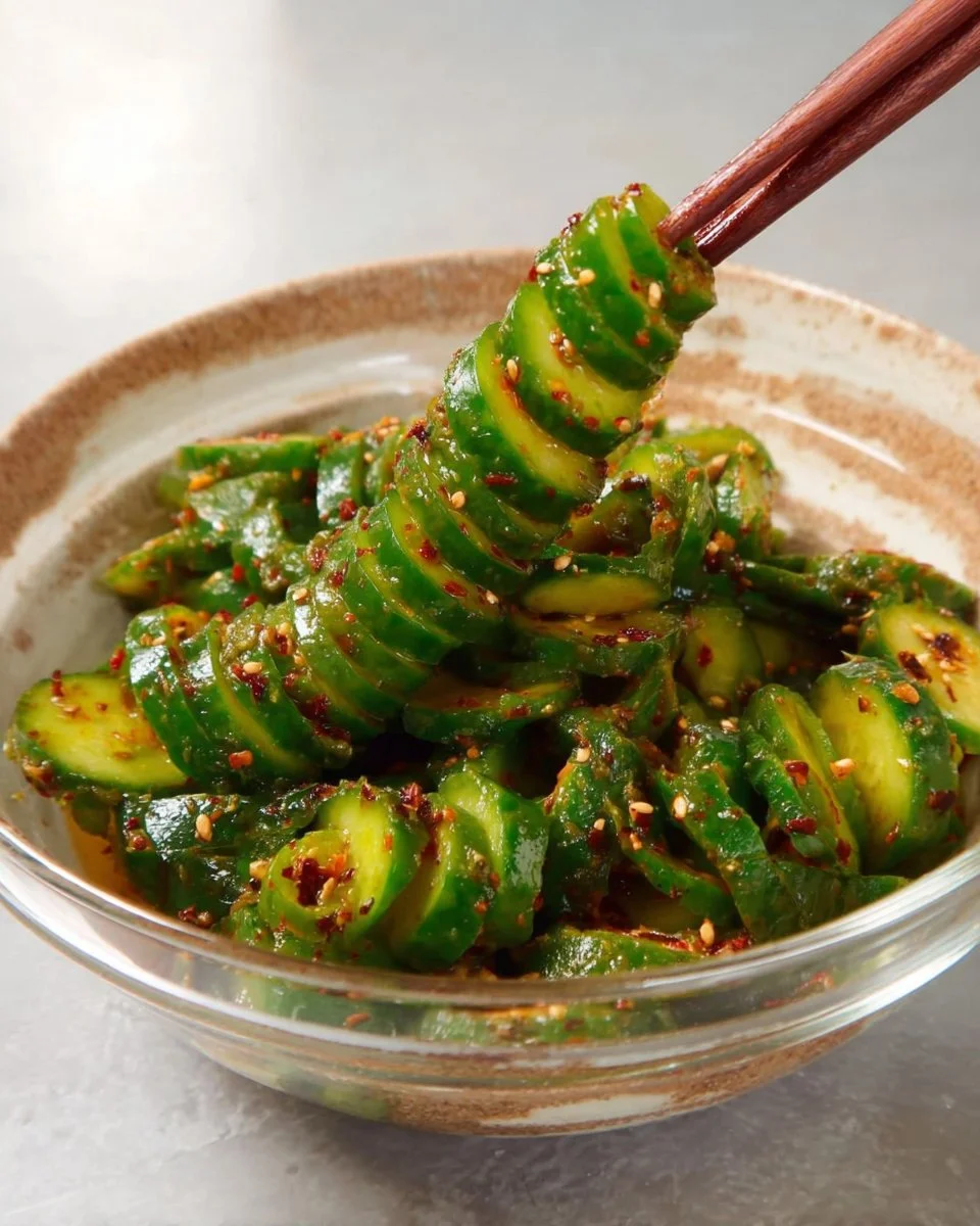 Spiral cucumber salad with Korean flavors garnished with sesame seeds and herbs