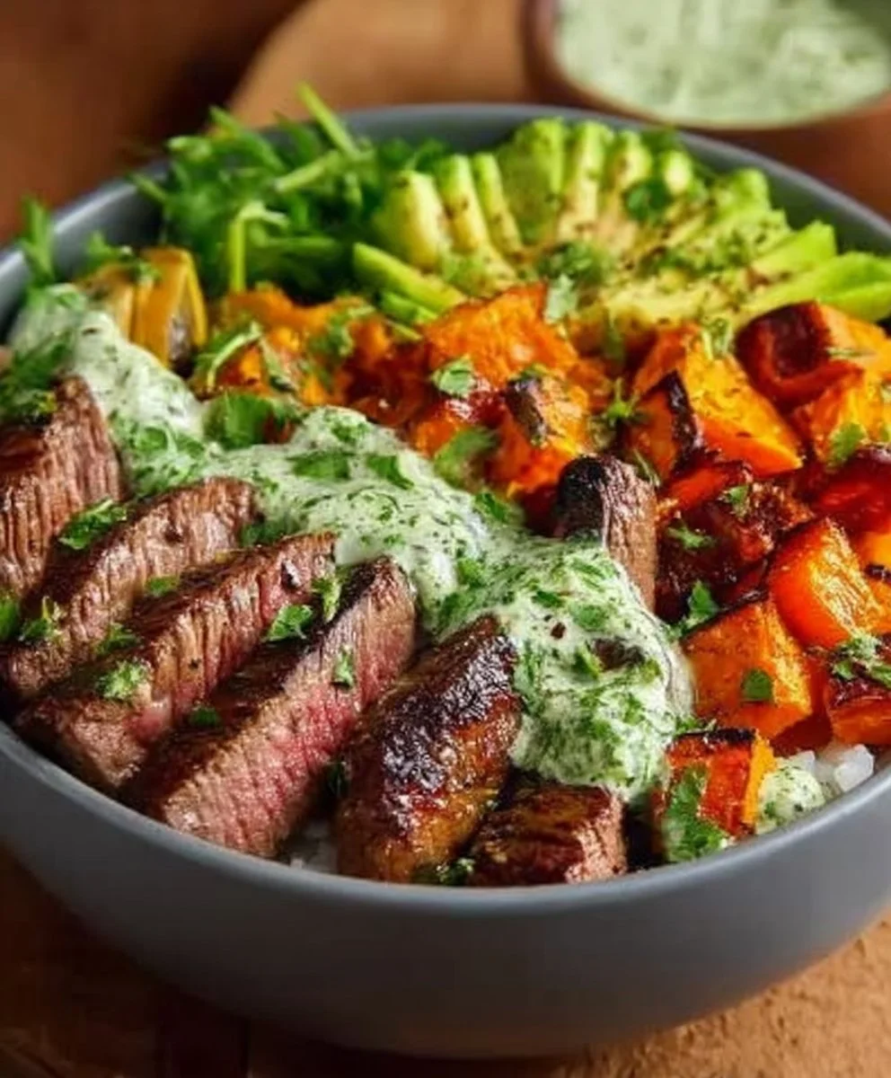 Steak and sweet potato bowls topped with avocado-cilantro drizzle