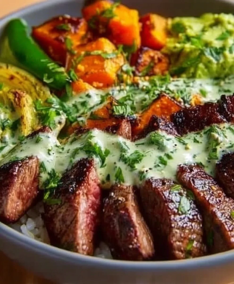 Steak and Sweet Potato Bowls with Avocado-Cilantro Drizzle
